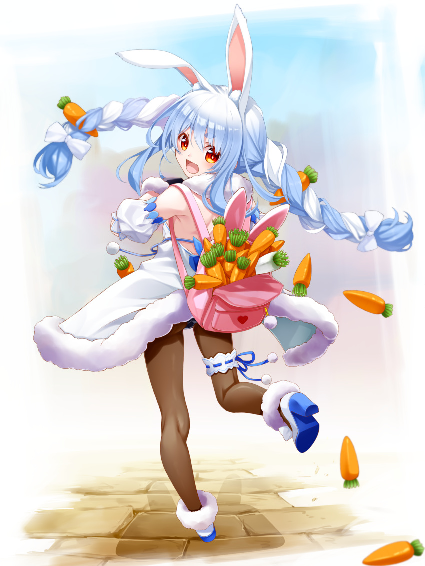 1girl animal_ear_fluff animal_ears arm_cuffs backless_outfit backpack bag bangs bare_shoulders black_legwear blue_hair blush braid bunny-shaped_pupils bunny_backpack bunny_girl bunnysuit carrot carrot_hair_ornament coat dropping eyebrows fenrir_(fenlil0316) food_themed_hair_ornament from_behind full_body fur-trimmed_gloves fur_scarf fur_trim gloves hair_ornament high_heels highres hikimayu hololive leotard long_hair looking_at_viewer looking_back multicolored_hair open_backpack open_mouth pantyhose pink_backpack rabbit_ears scarf shadow sidelocks solo strapless strapless_leotard trefoil twin_braids two-tone_hair usada_pekora virtual_youtuber white_coat white_hair