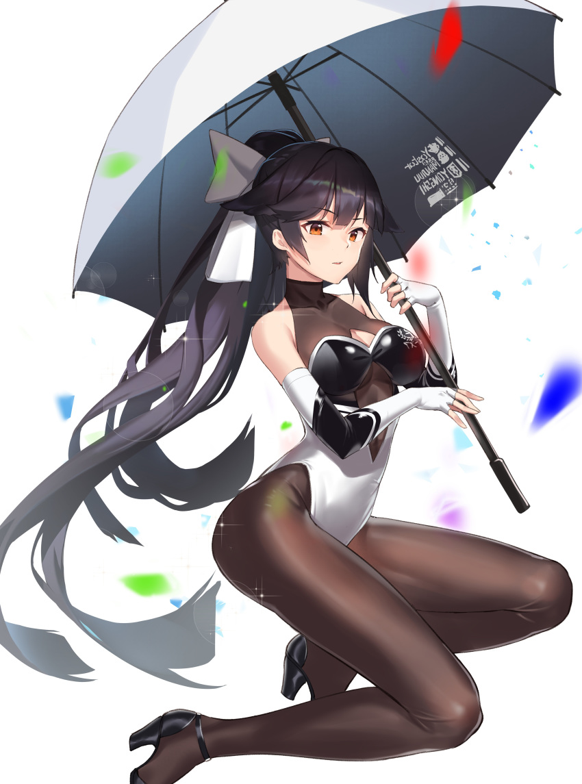 1girl absurdres azur_lane bare_shoulders black_footwear bodystocking bow brown_hair brown_legwear cleavage_cutout elbow_gloves fingerless_gloves full_body gloves hair_flaps high_heels highres holding holding_umbrella impossible_clothes leotard long_hair multicolored_leotard ninsaki_(9saki) racequeen red_eyes sleeveless solo takao_(azur_lane) takao_(full_throttle_charmer)_(azur_lane) two-tone_leotard umbrella unitard very_long_hair white_bow