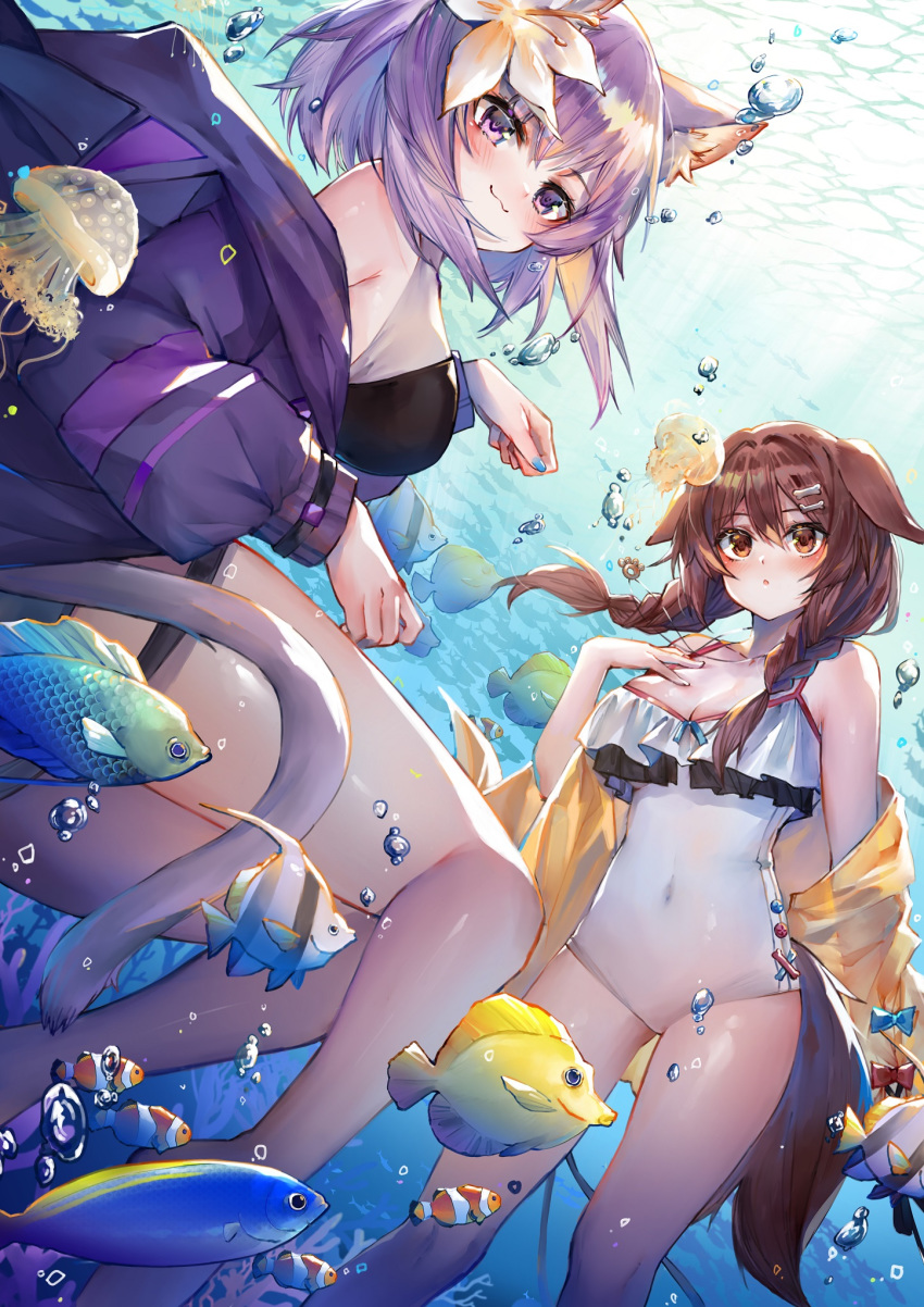 2girls animal_ears breasts brown_eyes brown_hair cat_ears cat_girl covered_navel dog_ears dog_girl fish highres hololive inugami_korone looking_at_viewer looking_up medium_breasts medium_hair multiple_girls nekomata_okayu one-piece_swimsuit open_mouth paw_pose purple_hair ryuuji_teitoku short_hair swimsuit tail underwater violet_eyes