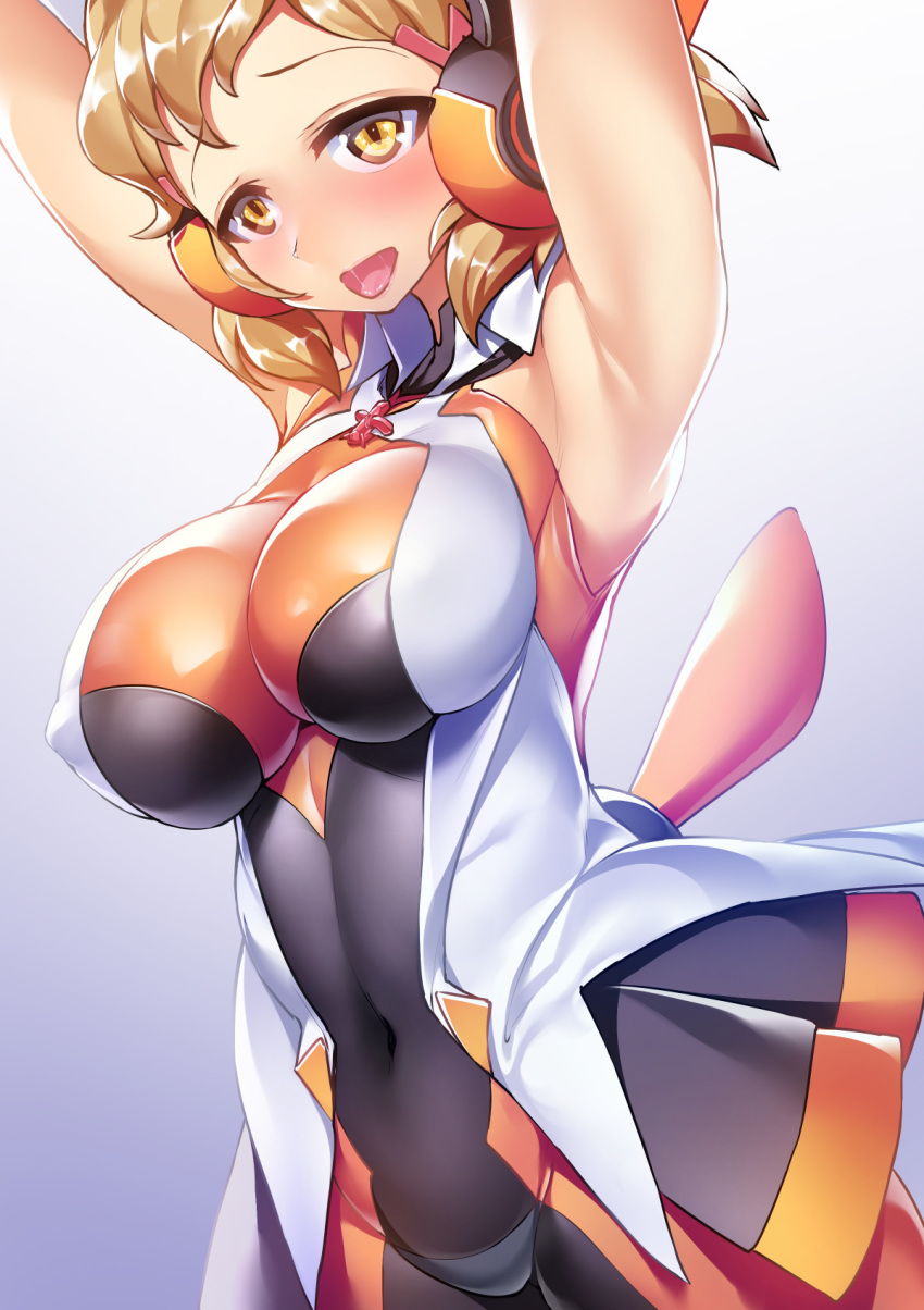 1girl armpits arms_up bodysuit breasts brown_hair covered_nipples hair_ornament hairclip headgear highres impossible_bodysuit impossible_clothes katourennyu large_breasts looking_at_viewer open_mouth orange_bodysuit orange_eyes senki_zesshou_symphogear shiny shiny_clothes shiny_hair shiny_skin short_hair skin_tight sleeveless smile solo standing tachibana_hibiki_(symphogear)
