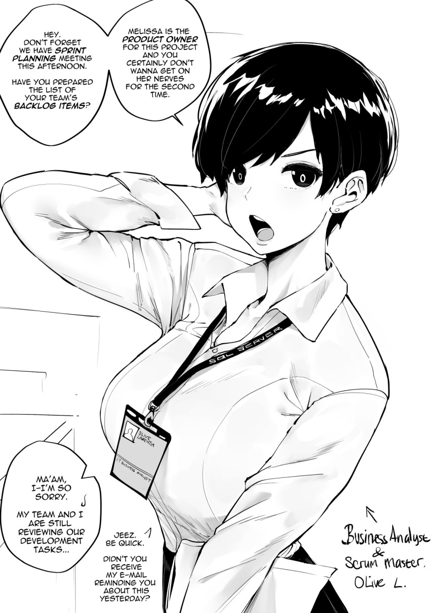 1girl arm_up bangs black_hair black_skirt breasts collared_shirt earrings english_text greyscale highres holding holding_paper id_card jewelry lanyard large_breasts looking_at_viewer monochrome norman_maggot office_lady olive_laurentia open_mouth original paper parted_bangs pixie_cut shirt short_hair skirt speech_bubble white_shirt