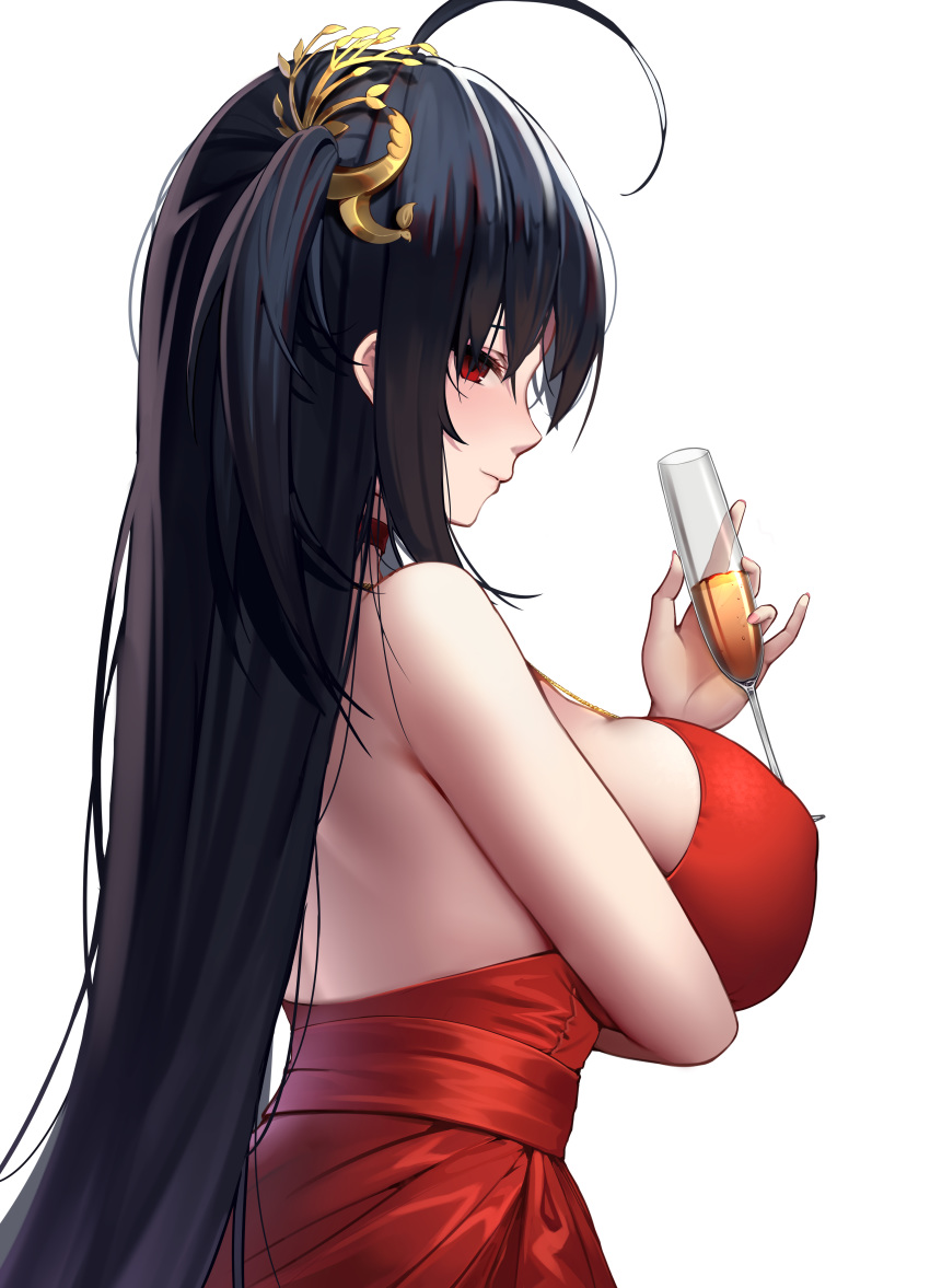 1girl absurdres ahoge alcohol arm_under_breasts azur_lane bangs bare_shoulders black_hair blush breast_hold breasts champagne champagne_flute choker cocktail_dress commentary_request crossed_bangs cup dress drinking_glass eyelashes from_side hair_between_eyes hair_ornament highres large_breasts light_smile long_hair looking_at_viewer one_side_up red_choker red_dress red_eyes sidelocks simple_background skindentation solo taihou_(azur_lane) taihou_(forbidden_feast)_(azur_lane) tifaices very_long_hair white_background