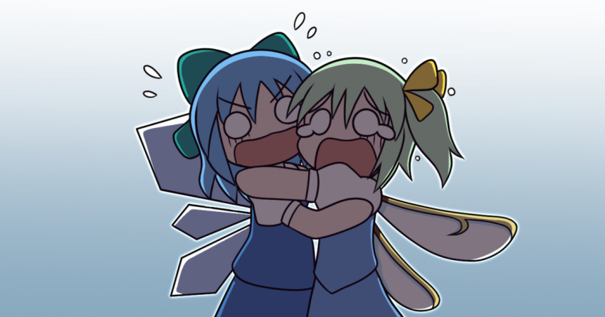 2girls :o blue_background blue_hair blue_skirt blue_vest bow cirno commentary_request cowboy_shot daiyousei fairy_wings flying_sweatdrops gradient gradient_background green_bow green_hair hair_bow hug ice ice_wings medium_hair multiple_girls o_o open_mouth puffy_short_sleeves puffy_sleeves rakugaki-biyori scared shadow shirt short_hair short_sleeves side_ponytail simple_background skirt skirt_set touhou v-shaped_eyebrows vest white_shirt wings yellow_bow