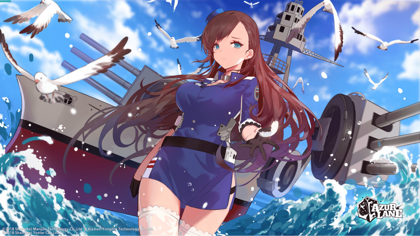 1girl arizona_(azur_lane) artist_request azur_lane bird blue_headwear blue_sky breasts brown_gloves brown_hair cowboy_shot feathers garter_straps gloves green_eyes highres large_breasts long_hair looking_at_viewer partially_submerged rigging sky solo thigh-highs water white_feathers white_legwear