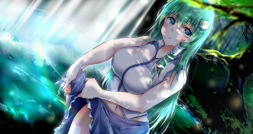 1girl :o bangs bare_shoulders blue_skirt blush breasts collarbone collared_shirt commentary_request day eyebrows_visible_through_hair eyelashes frilled_skirt frills frog frog_hair_ornament grass green_eyes green_hair hair_between_eyes hair_ornament hair_tubes highres kochiya_sanae large_breasts long_hair long_skirt looking_at_viewer medium_breasts moss open_mouth outdoors partially_submerged plant shirt sidelocks skirt sleeveless sleeveless_shirt snake snake_hair_ornament solo touhou tree water wet wet_clothes wet_shirt wet_skirt white_shirt yuu-kun_(linke_hand)