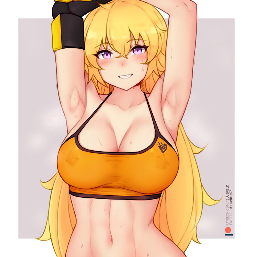 1girl armpits bangs blonde_hair bluefield blush breasts covered_nipples english_commentary grin highres large_breasts long_hair looking_at_viewer midriff navel rwby smile solo sports_bra sweat violet_eyes yang_xiao_long