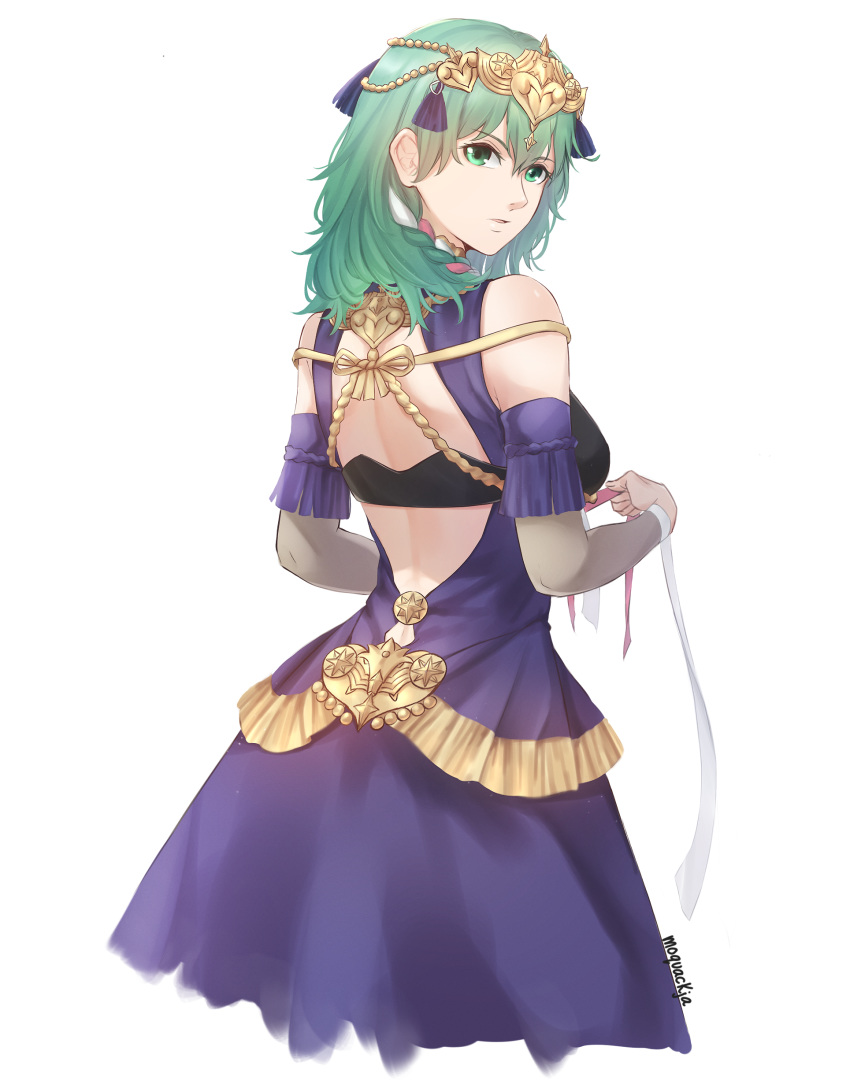 1girl absurdres artist_name byleth_(fire_emblem) byleth_eisner_(female) cosplay dress fire_emblem fire_emblem:_three_houses from_behind green_eyes green_hair highres looking_back parted_lips rainpoow ribbon_braid simple_background solo sothis_(fire_emblem) sothis_(fire_emblem)_(cosplay) white_background