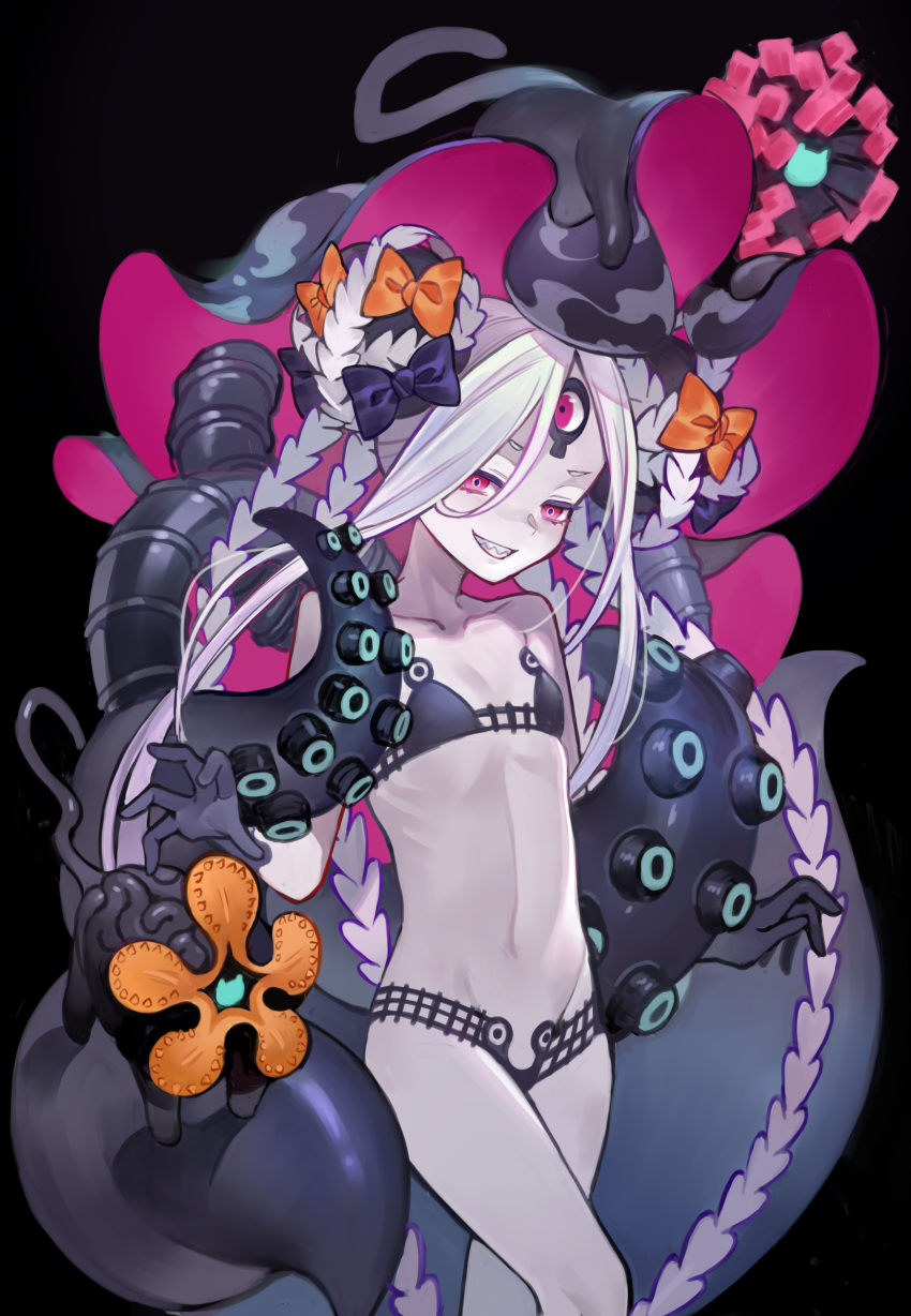 1girl abigail_williams_(fate/grand_order) abigail_williams_(swimsuit_foreigner)_(fate) absurdres bangs bare_shoulders bikini black_background black_bikini black_bow bow breasts collarbone creature double_bun fate/grand_order fate_(series) forehead grin highres keyhole long_hair looking_at_viewer multiple_bows navel orange_bow parted_bangs sharp_teeth sidelocks simple_background sin_(btc86amme) small_breasts smile swimsuit teeth tentacles thighs third_eye very_long_hair violet_eyes white_hair white_skin