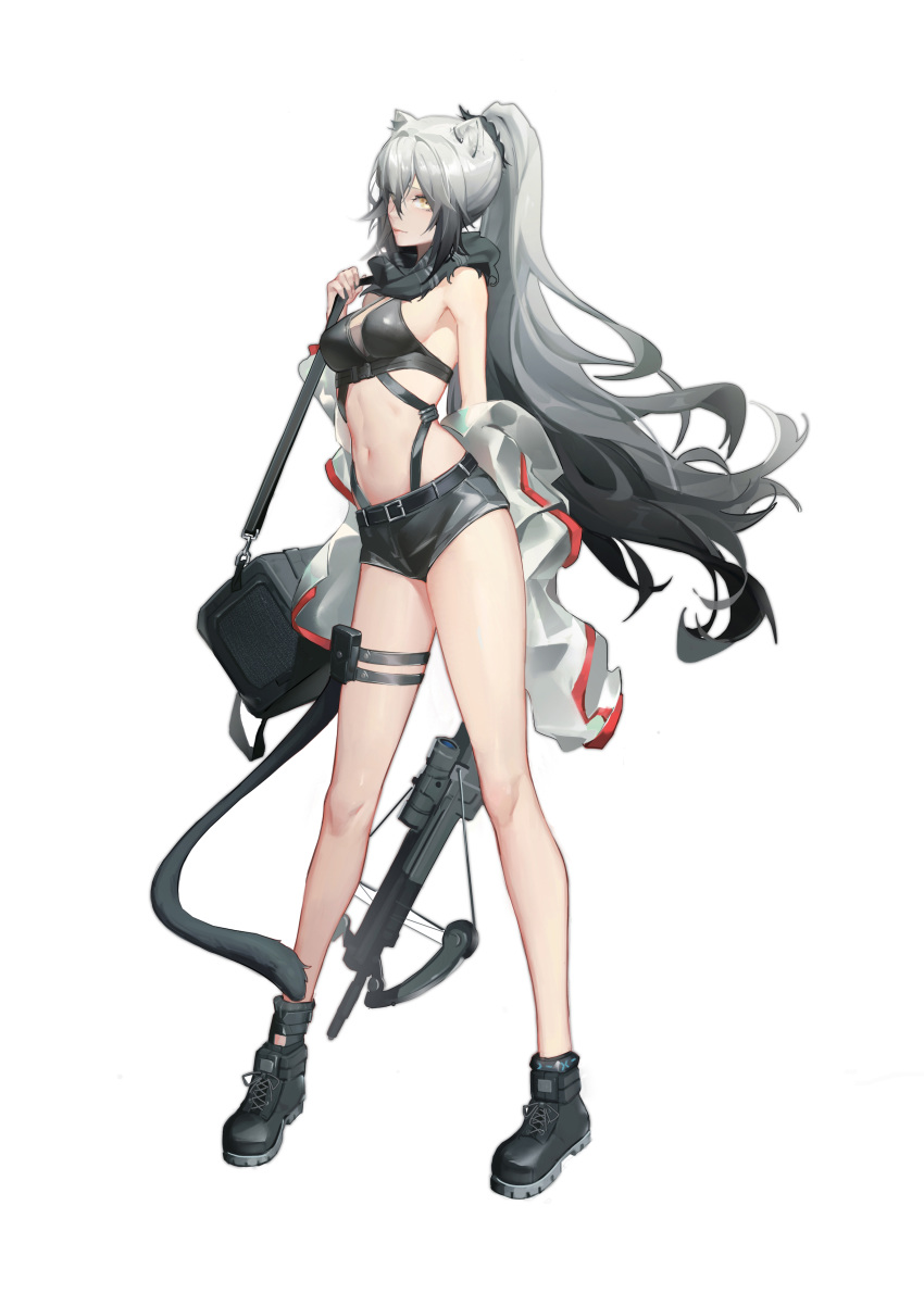 1girl absurdres animal_ears arknights bag bangs bare_legs bare_shoulders belt black_belt black_footwear black_hair black_scarf black_shorts boots bow_(weapon) breasts cat_ears closed_mouth crop_top cross-laced_footwear crossbow full_body gradient_hair hair_between_eyes highres long_hair looking_at_viewer medium_breasts midriff multicolored_hair navel pigeon-toed ponytail scarf schwarz_(arknights) shoes short_shorts shorts shoulder_bag sideboob sidelocks silver_hair simple_background sleeveless solo standing stomach tail thigh_strap thighs torii_vita_asayoru very_long_hair violet_eyes weapon white_background yellow_eyes