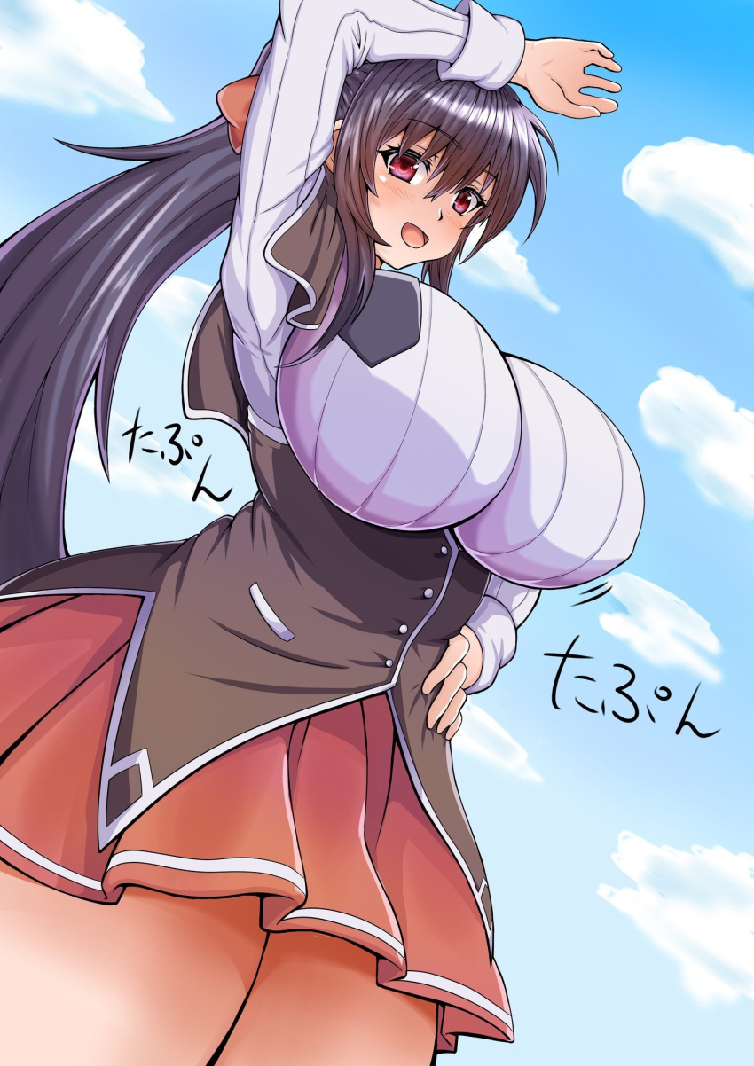 1girl arms_up bangs black_hair blush bouncing_breasts breasts clouds eyebrows_visible_through_hair hand_on_hip high_ponytail high_school_dxd highres himejima_akeno huge_breasts impossible_clothes kuoh_academy_school_uniform long_hair long_sleeves open_mouth orange_ribbon ribbon school_uniform sky smile solo very_long_hair violet_eyes yamagami12345