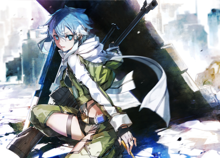 1girl anti-materiel_rifle aqua_eyes aqua_hair bangs belt blue_eyes blue_hair blurry blurry_background bolt_action breasts bunbun chaps cropped_jacket day fingerless_gloves gloves green_jacket green_pants gun hair_between_eyes hair_flaps hair_ornament hairclip highres holding holding_gun holding_weapon jacket long_sleeves looking_at_viewer looking_back making-of_available motion_blur open_clothes open_jacket outdoors pants parted_lips pgm_hecate_ii rifle scarf short_hair short_shorts shorts sidelocks sinon small_breasts sniper_rifle sniper_scope solo squatting surprised sword_art_online weapon white_scarf