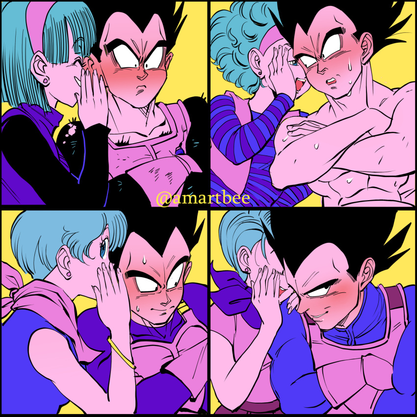 1boy 1girl age_progression amartbee artist_name black_hair blue_hair blush bulma covering_mouth crossed_arms dragon_ball dragon_ball_super dragon_ball_z earrings embarrassed eyebrows_visible_through_hair hairband hand_on_another's_shoulder headband highres husband_and_wife jewelry scarf shirtless short_hair smile spiky_hair sweat vegeta vest whispering