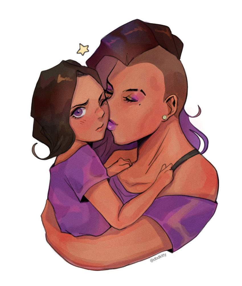 2girls asymmetrical_hair bra_strap brown_hair carrying casual cheek_kiss closed_eyes dark_skin dbdkitty earrings eyelashes highres jewelry kiss lipstick makeup mole mole_under_eye mother_and_daughter multiple_girls one_eye_closed overwatch person_carrying purple_lipstick shirt sombra_(overwatch) stud_earrings t-shirt undercut violet_eyes