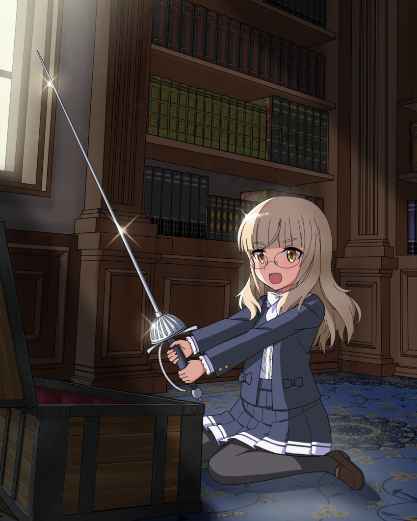 1girl black_legwear blonde_hair blush bookshelf epee eyebrows_visible_through_hair glasses highres holding holding_weapon indoors kaneko_(novram58) neckerchief on_floor open_mouth pantyhose perrine_h_clostermann pleated_skirt shiny shiny_hair sitting skirt smile solo sparkle strike_witches treasure_chest weapon white_neckwear window world_witches_series yellow_eyes younger