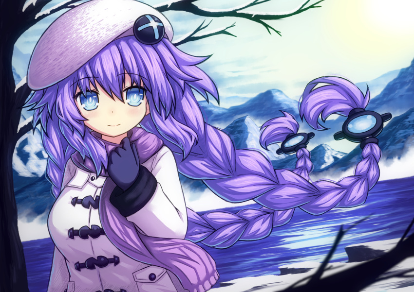 1girl alternate_costume beret black_gloves black_ribbon blue_eyes blush bow braid breasts coat eyebrows eyebrows_visible_through_hair gloves hair_ornament hat highres long_hair medium_breasts neptune_(series) novus_rue power_symbol purple_hair purple_heart ribbon solo symbol-shaped_pupils twin_braids winter winter_clothes winter_coat