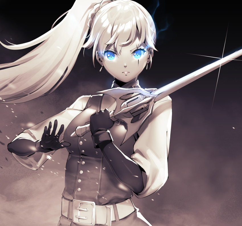 1girl bangs belt black_gloves blouse blue_eyes earrings english_commentary gloves glowing glowing_eyes high_collar high_ponytail highres holding holding_sword holding_weapon jewelry long_hair long_sleeves lulu-chan92 myrtenaster parted_lips ponytail rapier rwby scar scar_across_eye sword weapon weiss_schnee white_belt white_blouse white_hair