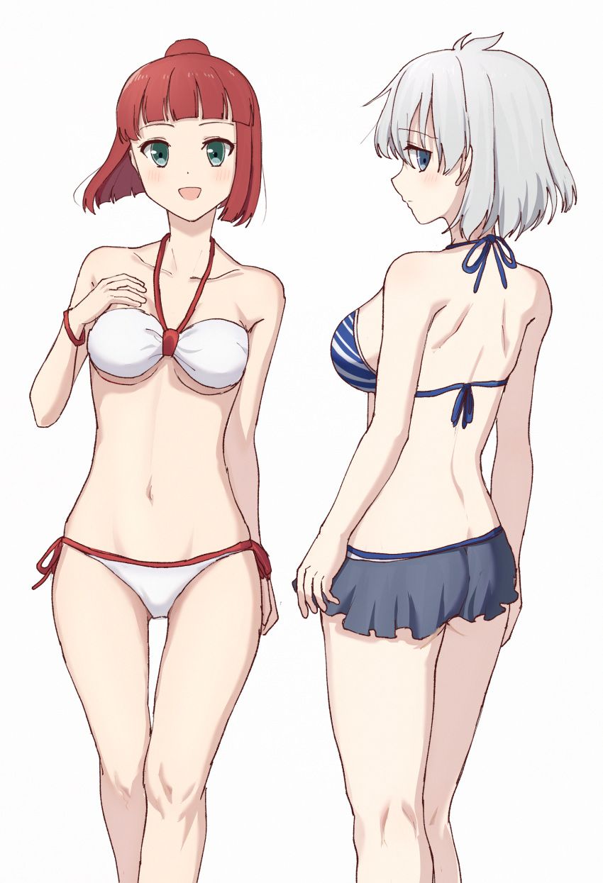 2girls absurdres ass back bangs bikini bikini_skirt black_bikini blue_bikini blue_eyes blunt_bangs blunt_ends bob_cut bracelet breasts closed_mouth commentary from_behind green_eyes hair_bun hand_on_own_chest highres jewelry kosegawa_shiromi light_frown looking_at_viewer looking_back medium_breasts multiple_girls navel open_mouth redhead reisaki_(tokisaki24) saki side-tie_bikini silver_hair simple_background smile standing striped striped_bikini swimsuit thigh-highs usuzawa_sae white_background white_bikini