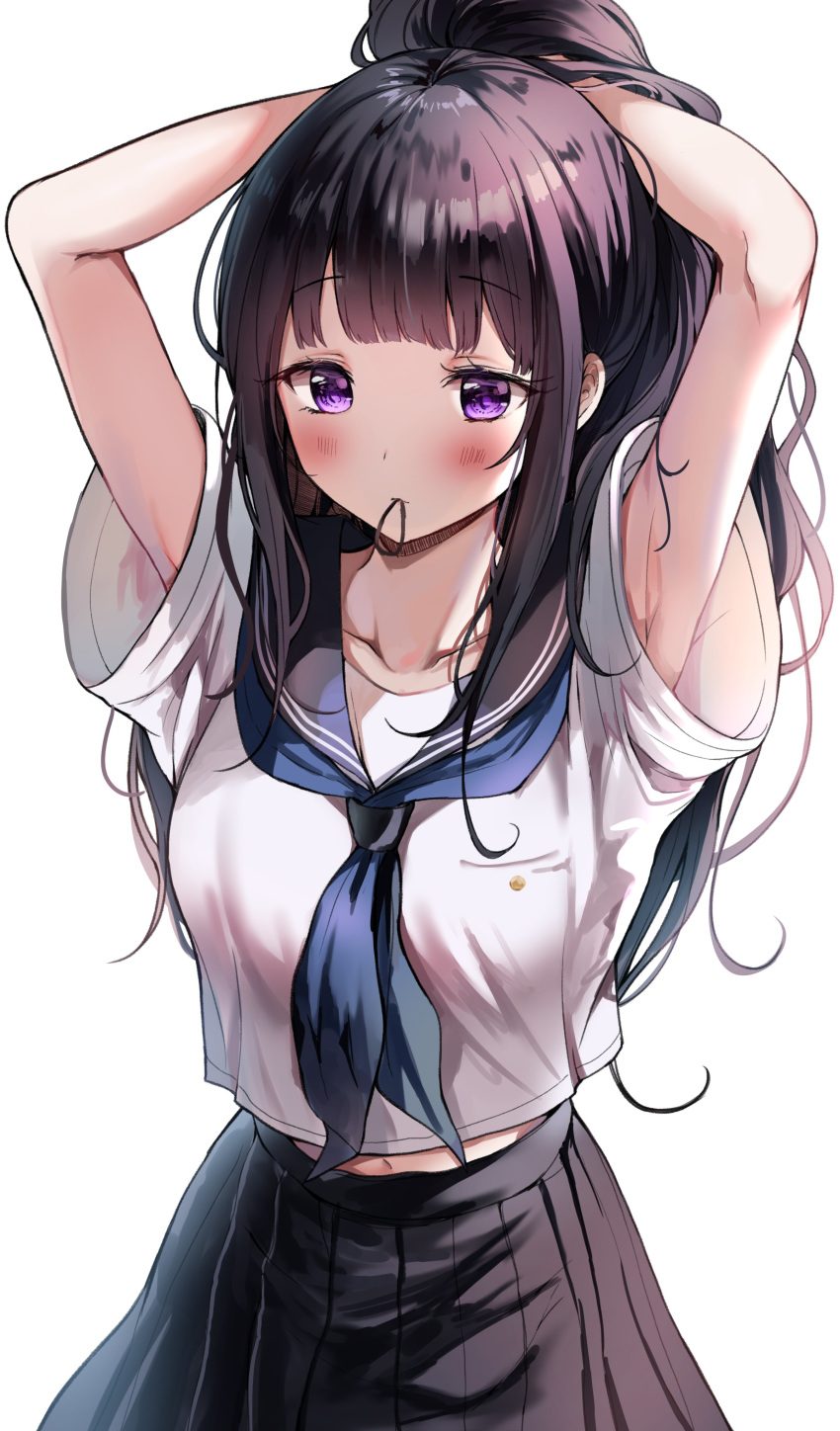 1girl absurdres arms_up bangs black_hair black_skirt blush breasts chitanda_eru hands_in_hair highres hyouka large_breasts long_hair looking_at_viewer neckerchief sailor_collar sak_(lemondisk) school_uniform shirt short_sleeves simple_background skirt violet_eyes white_shirt