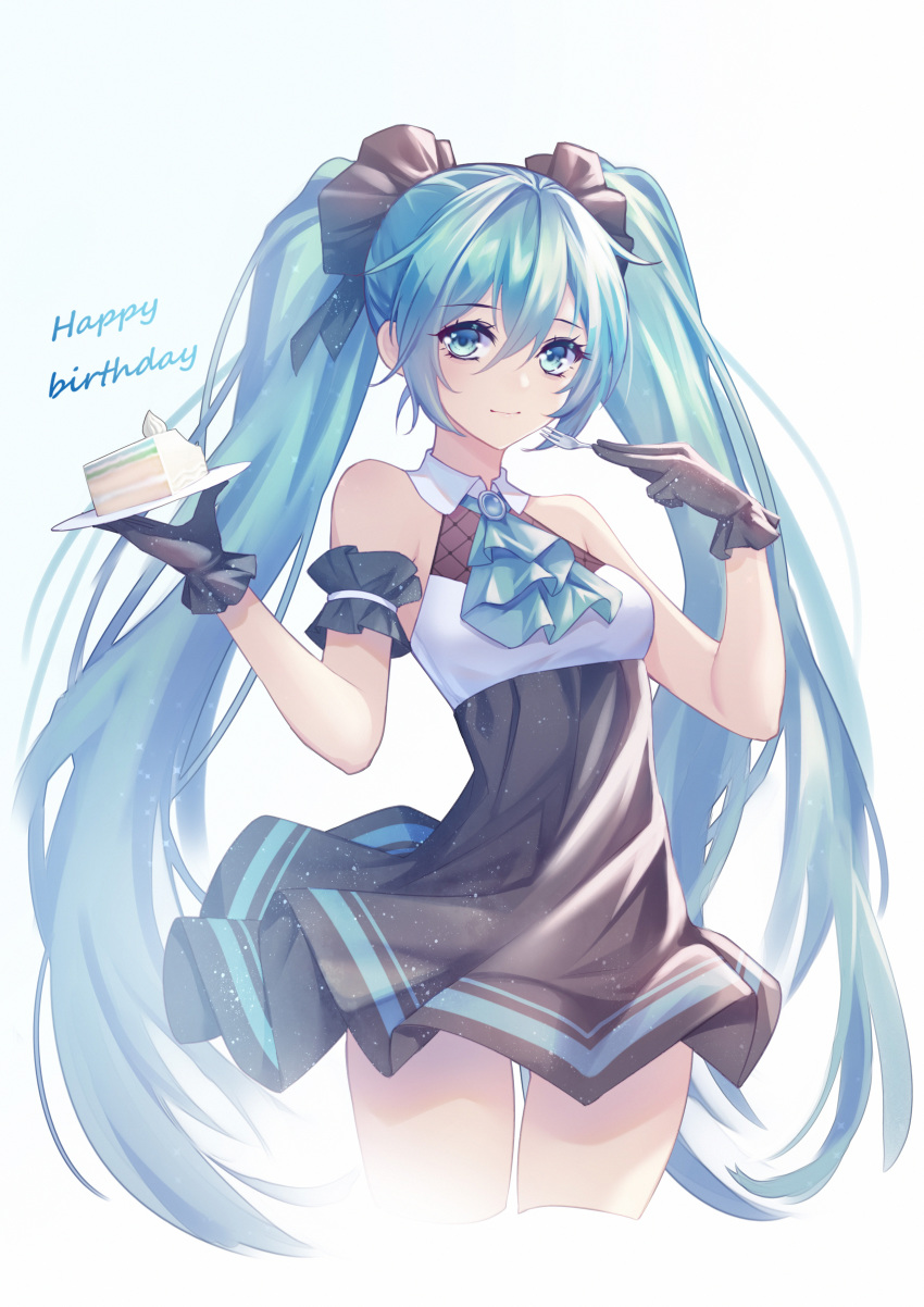 1girl absurdres arm_strap bangs black_gloves black_skirt blue_eyes breasts cake closed_mouth cowboy_shot cropped_legs eyebrows_visible_through_hair floating_hair food fork gloves hair_between_eyes happy_birthday hatsune_miku high-waist_skirt highres holding holding_fork holding_plate kirby_d_a long_hair looking_at_viewer miniskirt plate pleated_skirt shiny shiny_hair simple_background skirt sleeveless small_breasts smile solo standing twintails very_long_hair vocaloid white_background