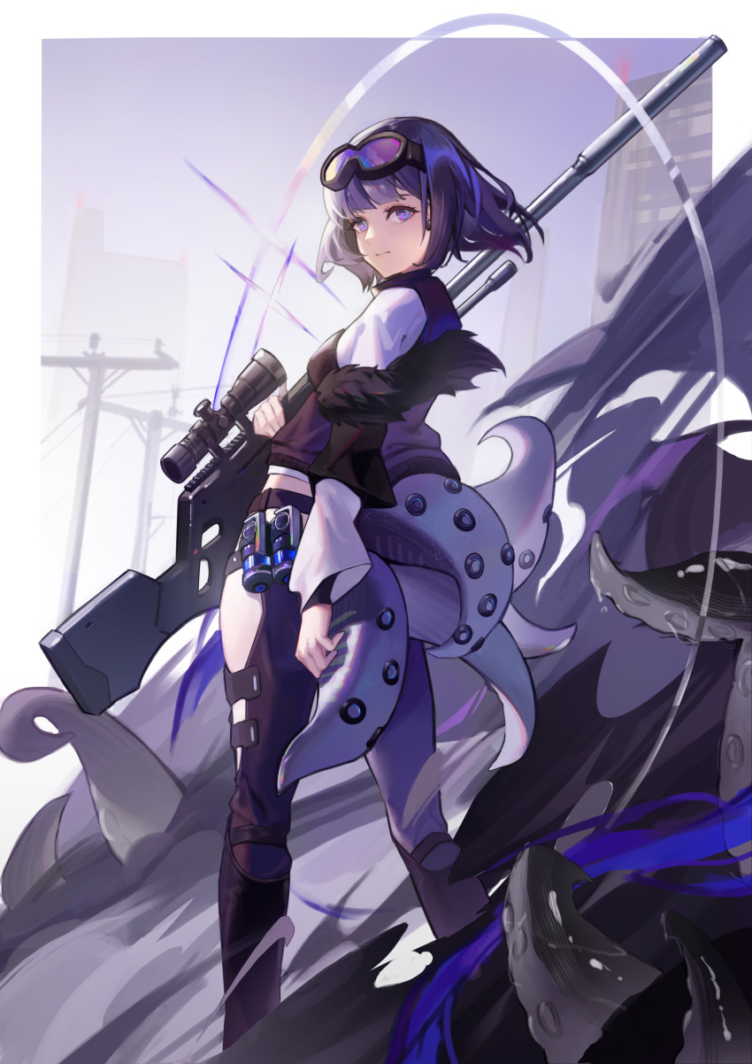 1girl absurdres andreana_(arknights) arknights bangs blunt_bangs feet_out_of_frame from_behind fur_trim goggles goggles_on_head gun highres hip_vent holding holding_gun holding_weapon long_sleeves looking_at_viewer looking_back pants purple_hair rifle short_hair sniper_rifle solo standing tentacles torii_vita_asayoru violet_eyes weapon