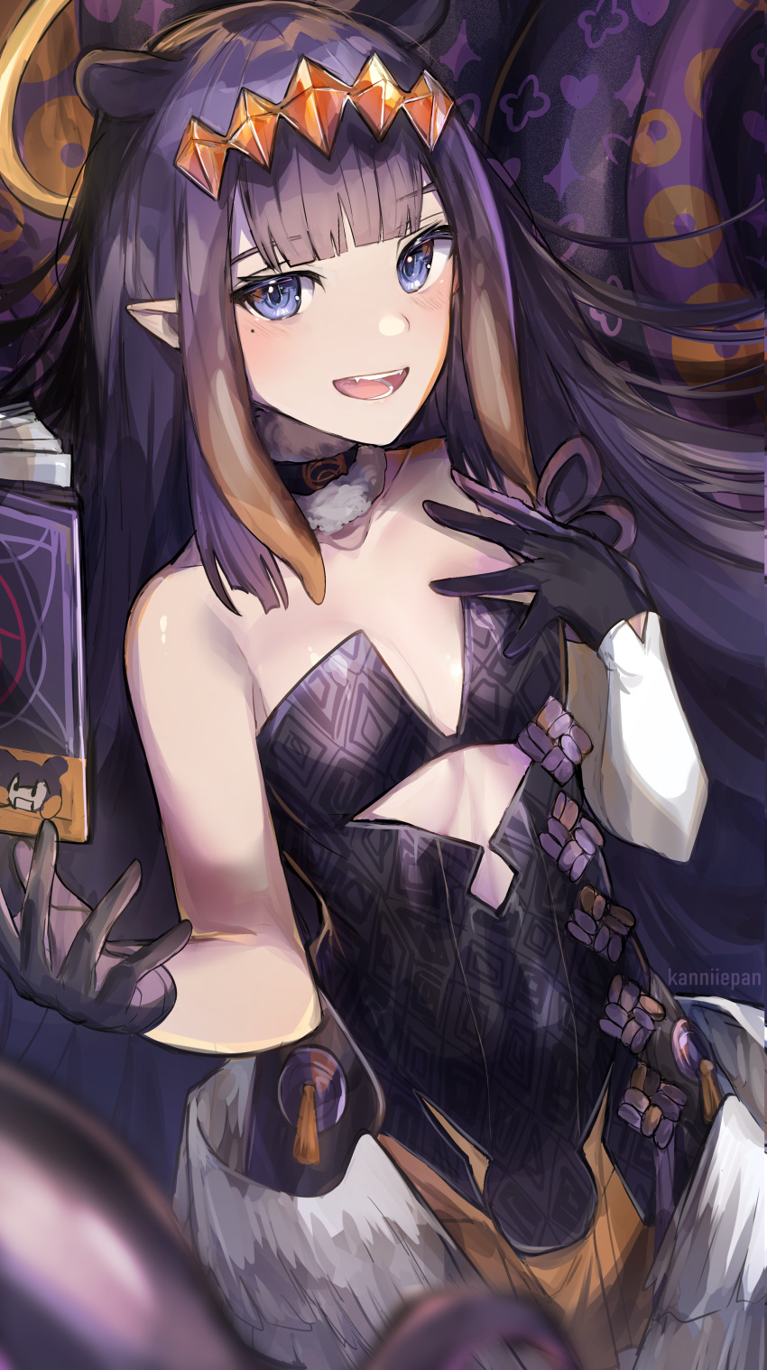 1girl :d absurdres bangs black_dress black_gloves blonde_hair blue_eyes blunt_bangs blush breasts detached_sleeves dress floating floating_book floating_object fur_collar gloves headpiece highres hololive hololive_english kanniiepan mole mole_under_eye ninomae_ina'nis open_mouth pointy_ears purple_hair sidelocks single_detached_sleeve small_breasts smile solo strapless strapless_dress tentacles virtual_youtuber