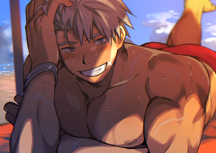 1boy bara blush chest green_eyes grey_hair highres male_focus male_swimwear muscle nipples original pectorals scar shirtless short_hair smile solo st05254 swim_briefs swimwear toned toned_male under_umbrella wet