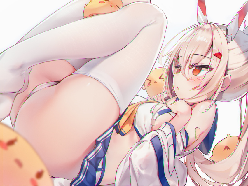 1girl absurdres ass ayanami_(azur_lane) azur_lane bare_shoulders bird blue_skirt blush breasts chick detached_sleeves from_side hair_between_eyes hair_ornament headgear highres legs_up long_hair lying medium_breasts microskirt on_back panties pleated_skirt ponytail red_eyes shirt silver_hair simple_background skirt solo thigh-highs tou_tou underwear white_background white_legwear white_panties