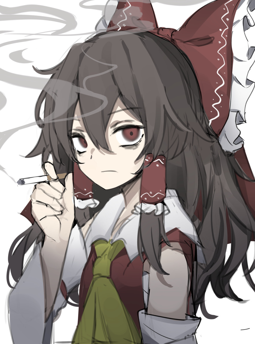 absurdres ascot bangs bare_shoulders bow brown_eyes brown_hair cigarette detached_sleeves eyebrows_visible_through_hair frilled_bow frills hair_bow hair_tubes hakurei_reimu highres hisha_(kan_moko) holding holding_cigarette looking_at_viewer red_bow sarashi smoke smoking touhou yellow_neckwear