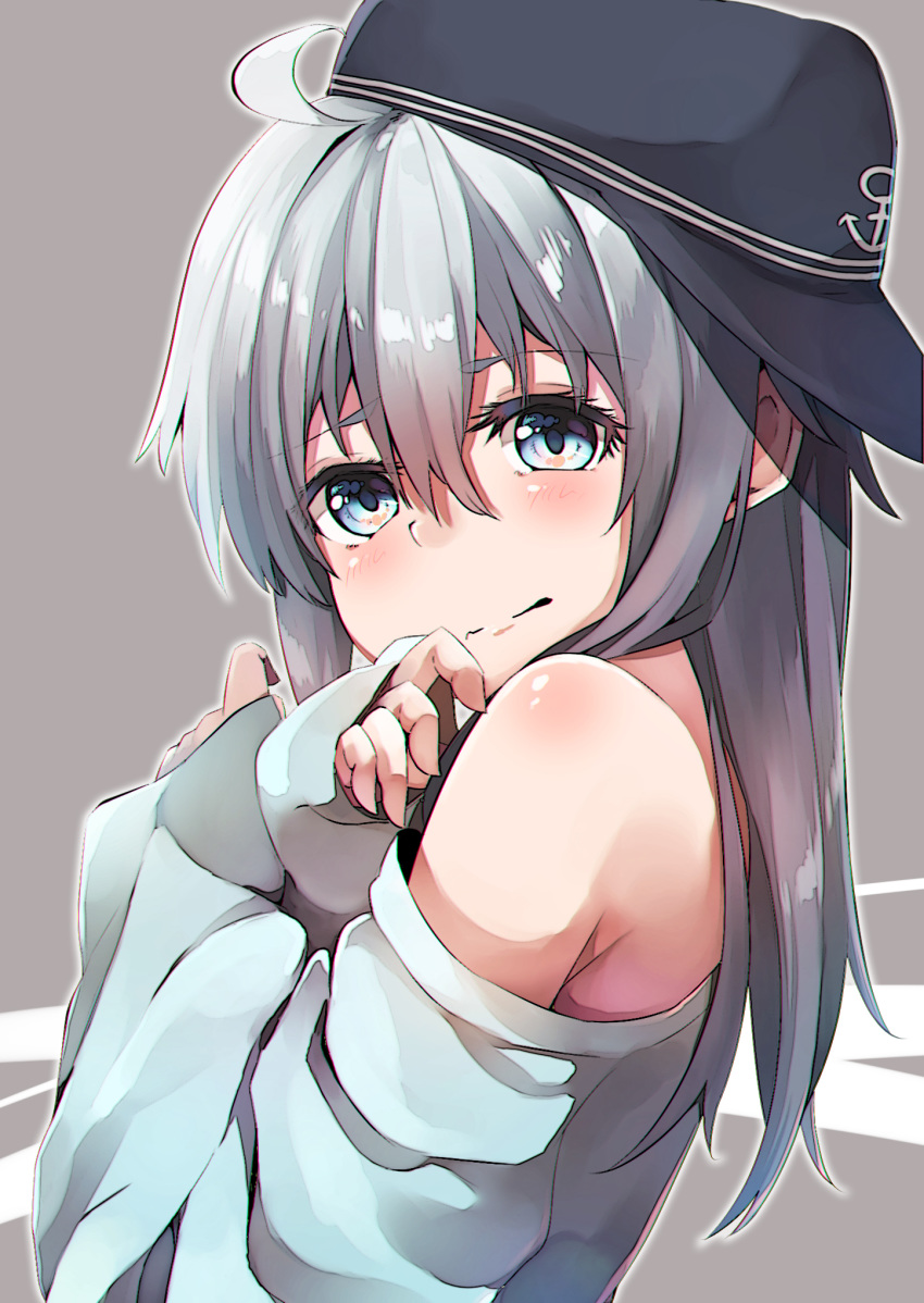 1girl anchor_symbol black_headwear blue_eyes blue_shirt blush closed_mouth eyebrows_visible_through_hair flat_cap grey_background hair_between_eyes hat hibiki_(kantai_collection) highres kantai_collection long_hair long_sleeves looking_at_viewer shirt silver_hair solo taisho_(gumiyuki) upper_body