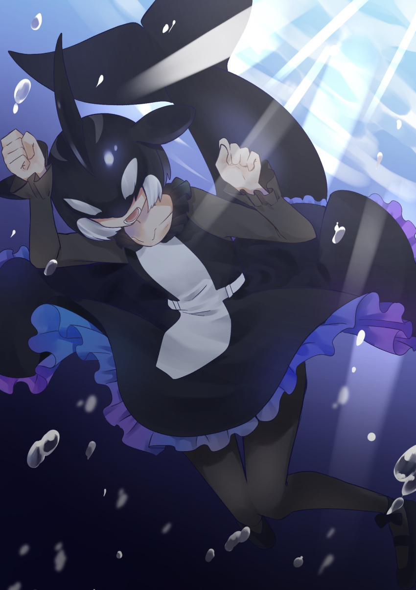 1girl air_bubble bangs belt black_hair bubble collarbone covered_eyes day diving dolphin_tail dorsal_fin dress freediving frilled_dress frills hair_over_eyes head_fins highres isobee kemono_friends knees_together_feet_apart long_sleeves medium_hair multicolored_hair open_mouth orca_(kemono_friends) pantyhose solo submerged tail two-tone_hair underwater water white_legwear