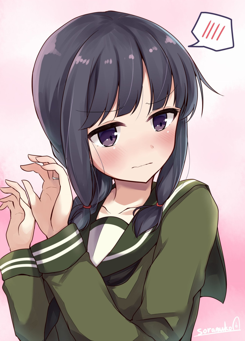 1girl bangs black_hair blunt_bangs braid commentary_request green_sailor_collar green_serafuku highres kantai_collection kitakami_(kantai_collection) long_hair pink_background sailor_collar school_uniform serafuku sidelocks single_braid solo soramuko spoken_blush upper_body