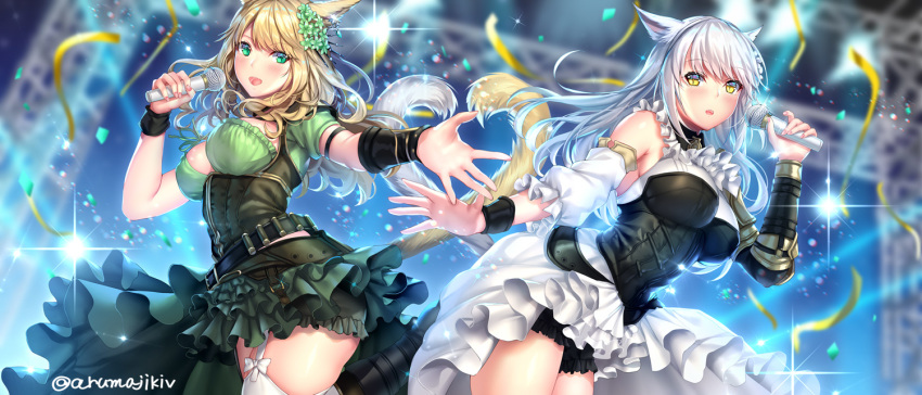 2girls animal_ears armor aruma_jiki asymmetrical_clothes bangs belt blonde_hair blurry blurry_background blush breasts breasts_apart cat_ears cat_tail commission detached_sleeves earrings eyebrows_visible_through_hair facial_mark final_fantasy final_fantasy_xiv flower frilled_skirt frills garter_straps green_eyes hair_flower hair_ornament holding holding_microphone idol jewelry large_breasts long_hair looking_at_viewer microphone miqo'te multiple_girls open_mouth shoulder_armor skirt slit_pupils stage streamers tail thigh-highs twitter_username whisker_markings white_hair white_legwear wrist_cuffs yellow_eyes