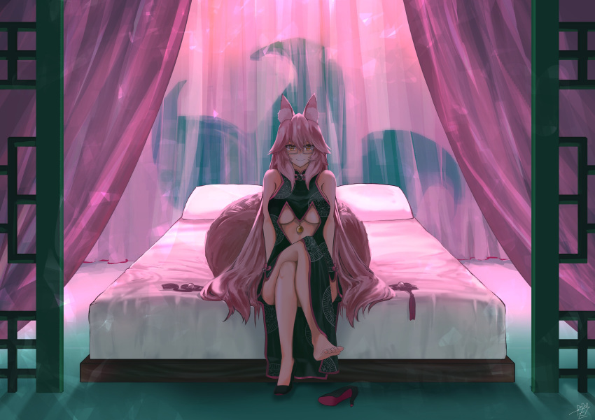 1girl absurdres animal_ear_fluff animal_ears bare_shoulders barefoot bed breasts center_opening china_dress chinese_clothes choker crossed_legs dress fate/grand_order fate_(series) fox_ears fox_tail glasses high_heels highres koyanskaya large_breasts long_hair on_bed ootato pillow pink_hair shoe_removed shoes sideboob single_shoe sitting sitting_on_bed solo tail tamamo_(assassin)_(fate) tamamo_(fate)_(all) under_boob very_long_hair