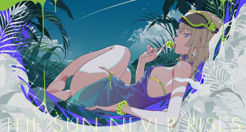 1girl aa-12_(girls_frontline) ass bare_legs barefoot bikini blue_eyes blue_sky bracelet breasts candy condensation_trail day food from_side girls_frontline goggles goggles_on_head hammock highres jewelry light_brown_hair lollipop looking_at_viewer lying nail_polish profile see-through side-tie_bikini silverwing sky small_breasts solo strap_gap sweat swimsuit tongue tongue_out