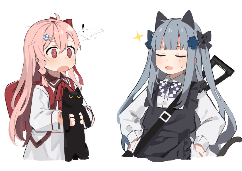 ! 2girls animal animal_ears backpack bag bangs black_cat blunt_bangs blush bow cat cat_ears closed_eyes commentary_request cowboy_shot facial_mark fake_animal_ears fake_tail girls_frontline hair_between_eyes hair_bow hair_ornament hairclip hexagram highres hk416_(girls_frontline) holding holding_animal holding_cat long_hair long_sleeves multiple_girls negev_(girls_frontline) open_mouth pink_hair red_bow red_eyes ribbon shirt silver_hair simple_background star_of_david surprised tail teardrop white_background white_shirt younger yuki_hotaru