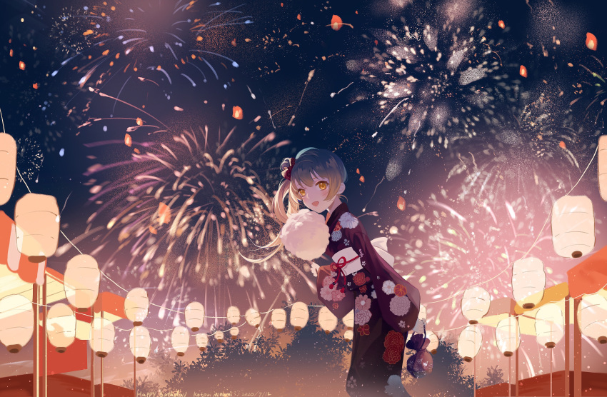 1girl absurdres artist_request bangs blush brown_hair commentary_request cotton_candy english_text festival fireworks floral_print food hair_ribbon highres holding holding_food huge_filesize japanese_clothes kimono lantern love_live! love_live!_school_idol_project medium_hair minami_kotori obi red_ribbon ribbon sash side_ponytail smile solo summer_festival tree yellow_eyes yukata