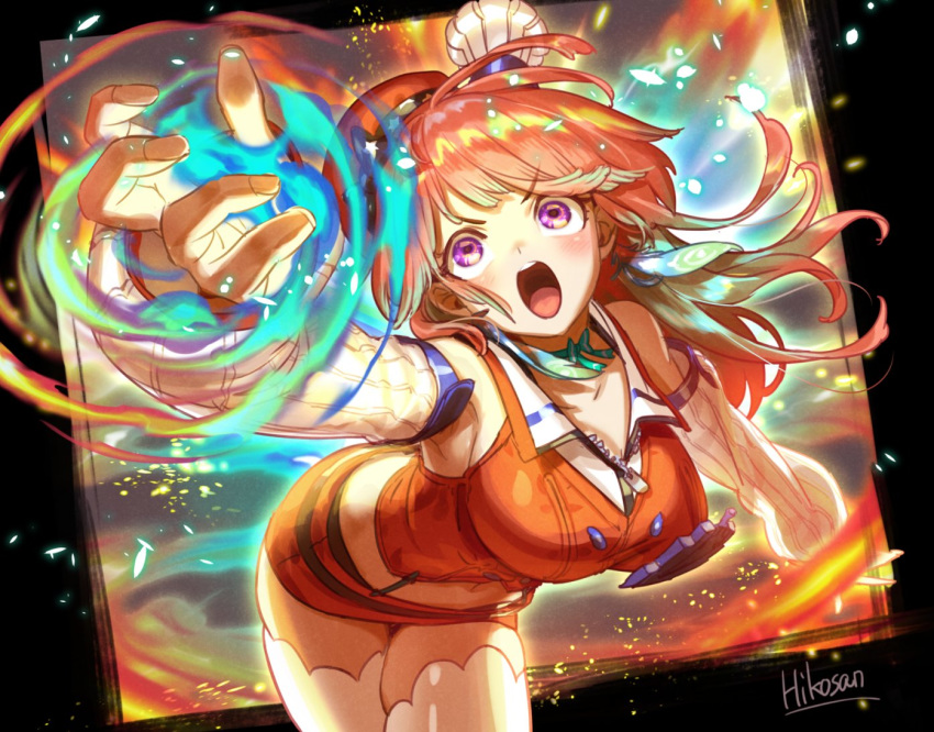 1girl armpits artist_name blush breasts commentary_request crop_top detached_sleeves eyebrows_visible_through_hair hair_between_eyes hikosan20216917 hololive hololive_english light_particles looking_at_viewer medium_breasts open_mouth orange_hair orange_shirt orange_shorts outstretched_arm shirt short_shorts shorts solo takanashi_kiara thigh-highs violet_eyes virtual_youtuber white_legwear white_sleeves