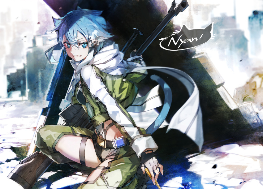 1girl animal_ears anti-materiel_rifle aqua_eyes aqua_hair bangs belt blue_eyes blue_hair blurry blurry_background bolt_action breasts bunbun cat_ears cat_girl chaps cropped_jacket day fingerless_gloves gloves green_jacket green_pants gun hair_between_eyes hair_ornament hairclip highres holding holding_gun holding_weapon jacket kemonomimi_mode long_sleeves looking_at_viewer looking_back making-of_available motion_blur open_clothes open_jacket outdoors pants parted_lips pgm_hecate_ii rifle scarf short_hair short_shorts shorts sidelocks sinon small_breasts sniper_rifle sniper_scope solo speech_bubble squatting sword_art_online weapon white_scarf