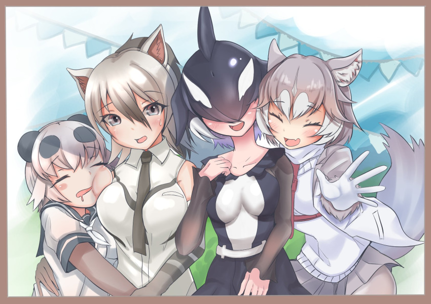 4girls aardwolf_(kemono_friends) aardwolf_ears animal_ear_fluff animal_ears arm_around_waist bangs bear_ears bear_girl black_hair blowhole border breast_pocket breasts buchibussei cheek_press closed_eyes collarbone collared_shirt covered_eyes day dog_(mixed_breed)_(kemono_friends) dog_ears dog_girl dog_tail dorsal_fin dress elbow_gloves eyebrows_visible_through_hair facing_viewer fang giant_panda_(kemono_friends) gloves grey_eyes grey_hair hair_between_eyes hair_over_eyes hand_on_another's_waist harness head_fins head_on_chest highres jacket kemono_friends leaning_to_the_side long_hair long_sleeves looking_at_viewer medium_hair mouth_drool multicolored_hair multiple_girls necktie open_mouth orca_(kemono_friends) outdoors panda_ears photo_(object) pocket sailor_collar shirt short_hair short_over_long_sleeves short_sleeves silver_hair skirt sleeping sleeveless sleeveless_shirt smile sweater_vest tail two-tone_hair upper_body white_hair wing_collar