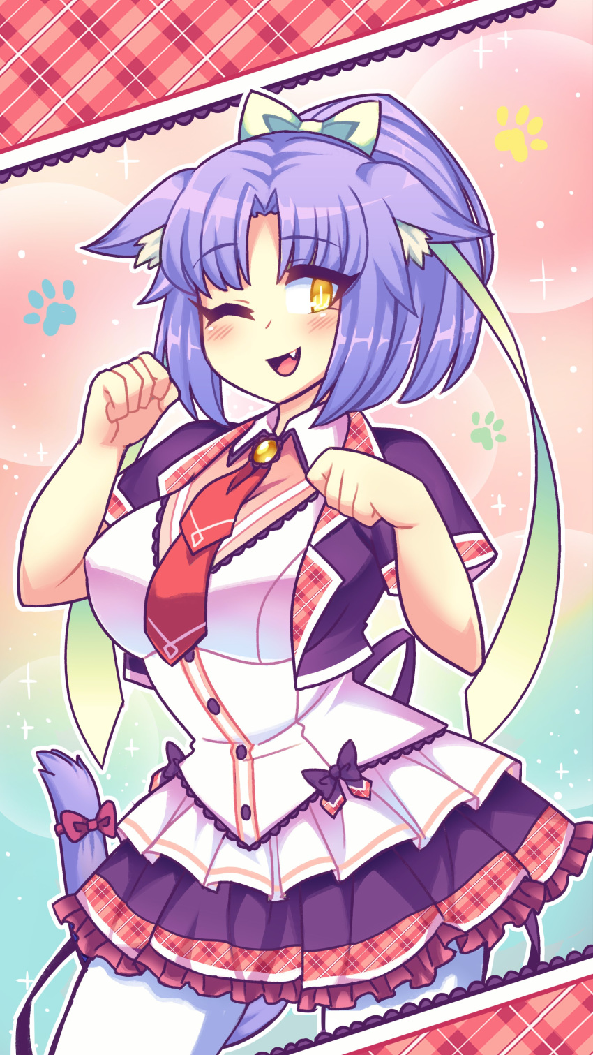 1girl absurdres animal_ears bangs black_skirt blush bow breasts brown_eyes cat_ears cat_tail cinnamon_(nekopara) commission eyebrows_visible_through_hair fang highres kaibuzetta large_breasts looking_at_viewer nekopara one_eye_closed open_mouth pantyhose parted_bangs paw_pose paw_print phone_wallpaper purple_hair red_bow red_neckwear short_hair short_ponytail short_sleeves skirt smile solo tail tail_bow white_legwear