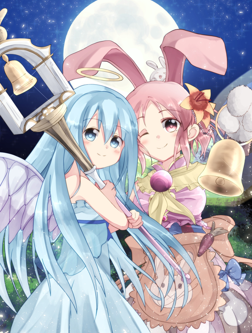 2girls ;) abe_nana absurdres angel_wings animal_ears apron bell bellringer_angel blue_bow blue_dress blue_eyes blue_hair bow carrot dress dress_bow flower full_moon hair_flower hair_ornament halo highres holding holding_staff idolmaster idolmaster_cinderella_girls inashiso_(nonsugar) long_hair moon multiple_girls night one_eye_closed outdoors pink_hair rabbit shadowverse smile staff standing wings