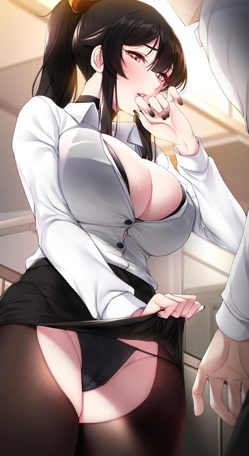 1boy 1girl akchu bangs black_bra black_choker black_hair black_legwear black_nails blush bra bra_through_clothes breasts buttons chobi_(akchu) choker collared_shirt covering_mouth groin hair_between_eyes half-closed_eyes high_ponytail highres indoors large_breasts long_hair long_sleeves looking_at_another original panties panties_under_pantyhose pantyhose parted_lips partially_unbuttoned red_eyes ribbon shirt solo_focus string_panties sweat thighs torn_clothes torn_legwear underwear white_shirt