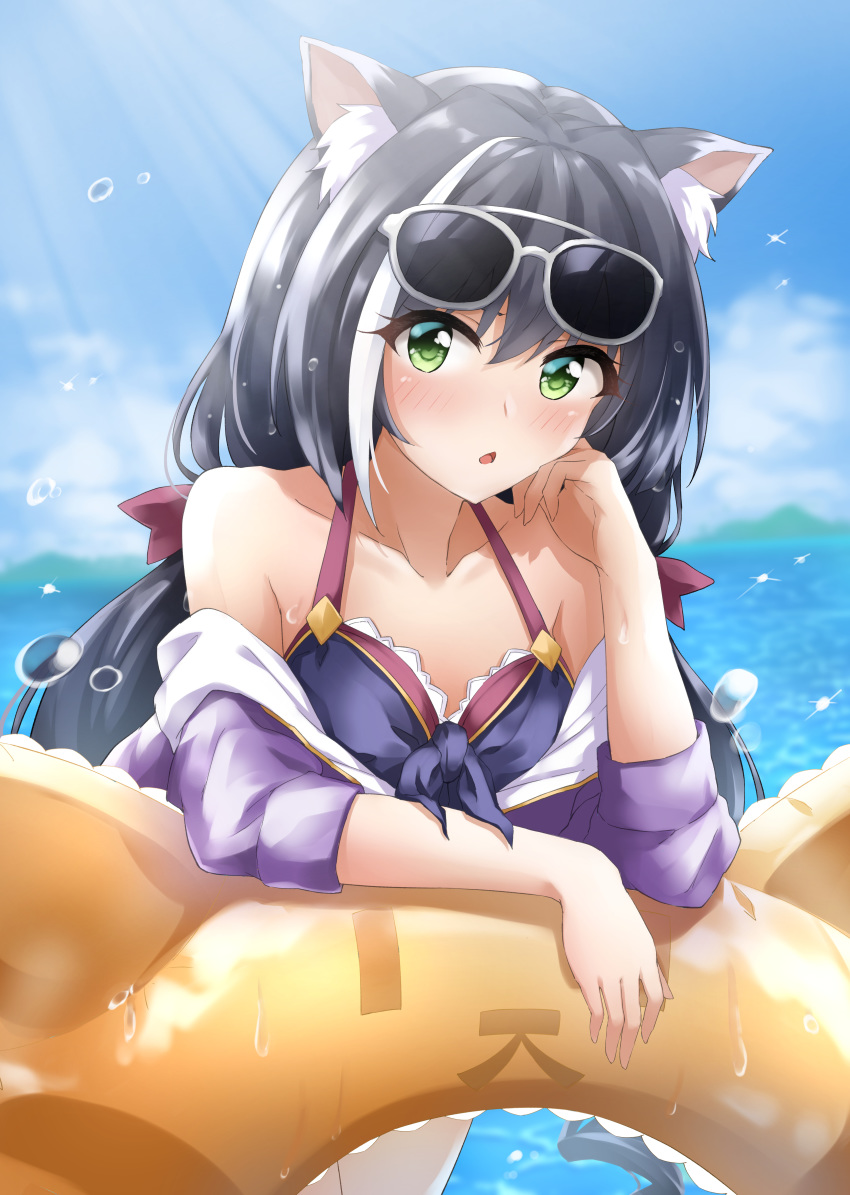 1girl absurdres animal_ear_fluff animal_ears arm_rest arm_support bangs bare_shoulders black_hair blush breasts cat_ears cat_girl clouds eyebrows_visible_through_hair green_eyes highres innertube karyl_(princess_connect!) long_hair looking_at_viewer low_twintails multicolored_hair open_mouth princess_connect! princess_connect!_re:dive raidensan sky solo streaked_hair sunlight twintails very_long_hair water_drop white_hair