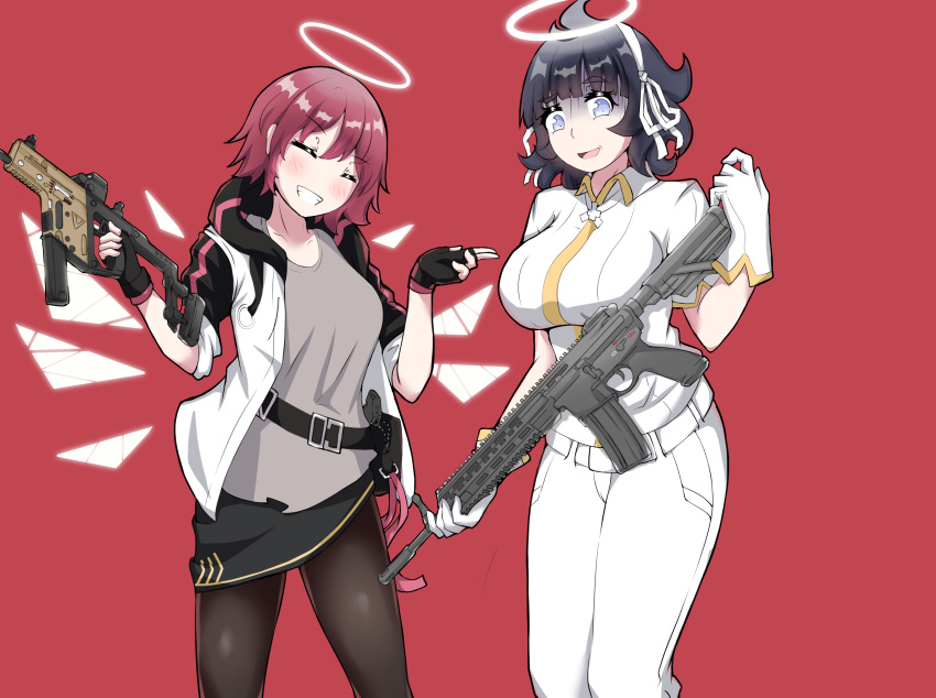 2girls absurdres angel arknights assault_rifle awkward azazel_(helltaker) black_hair breasts closed_eyes crossover energy_wings exusiai_(arknights) fingerless_gloves gloves gun halo helltaker highres kriss_vector large_breasts multiple_girls physisyoon redhead rifle short_hair smile submachine_gun trait_connection weapon weapon_request