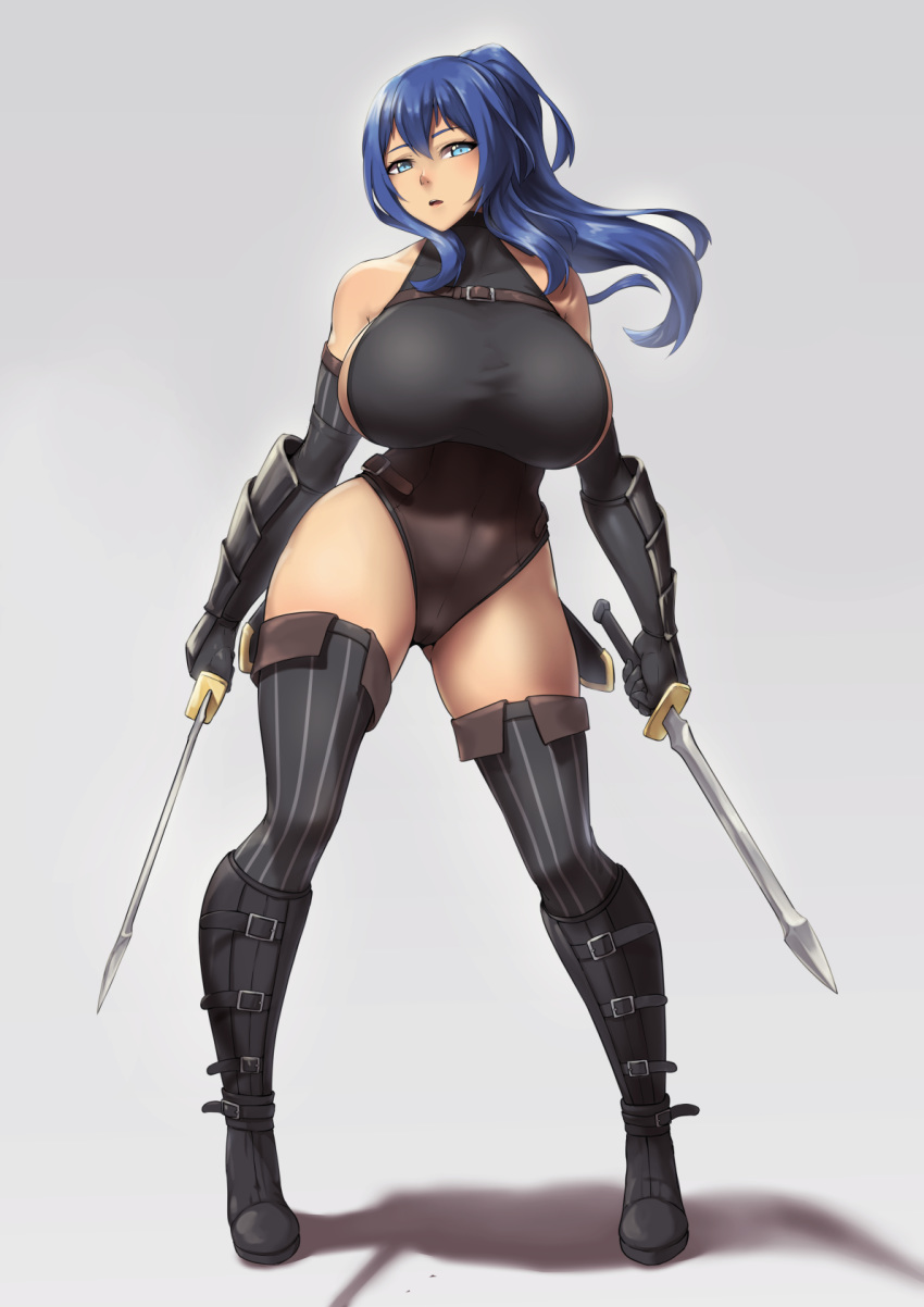 1girl bare_shoulders black_gloves black_legwear blue_eyes blue_hair boots breasts commentary dual_wielding elbow_gloves gloves gradient gradient_background grey_background highres holding huge_breasts leotard long_hair original packge ponytail shadow sideboob solo thick_thighs thigh-highs thigh_boots thighs zettai_ryouiki