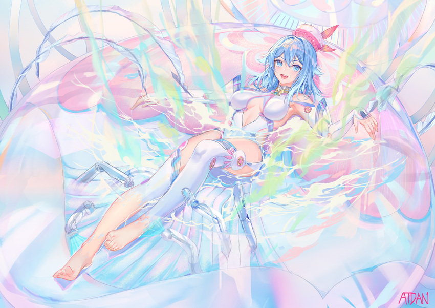 1girl :d armpits atdan bare_shoulders barefoot blue_eyes blue_hair breasts center_opening feet full_body haiyi hat jellyfish long_hair looking_at_viewer lying medium_breasts on_back open_mouth outstretched_arms side_cutout smile solo swimsuit synthesizer_v thigh-highs thighs white_legwear white_swimsuit