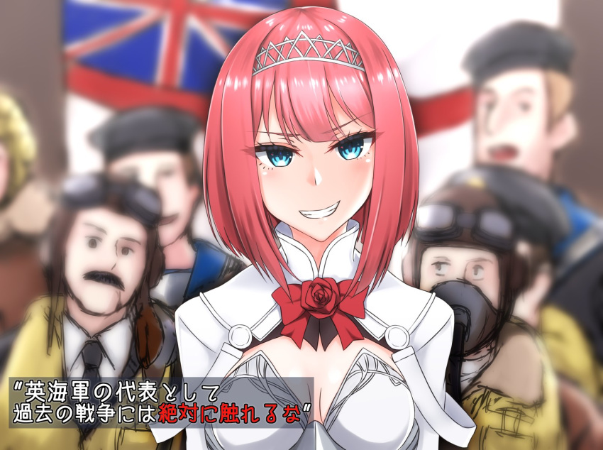 1girl 6+boys ark_royal_(kantai_collection) aviator_cap bangs blue_eyes blunt_bangs bob_cut cleavage_cutout facial_hair flight_goggles flower grin hairband hat highres jacket ka_tsumi kantai_collection multiple_boys mustache necktie pilot red_ribbon redhead ribbon rose royal_navy sailor_collar sailor_hat short_hair smile tiara