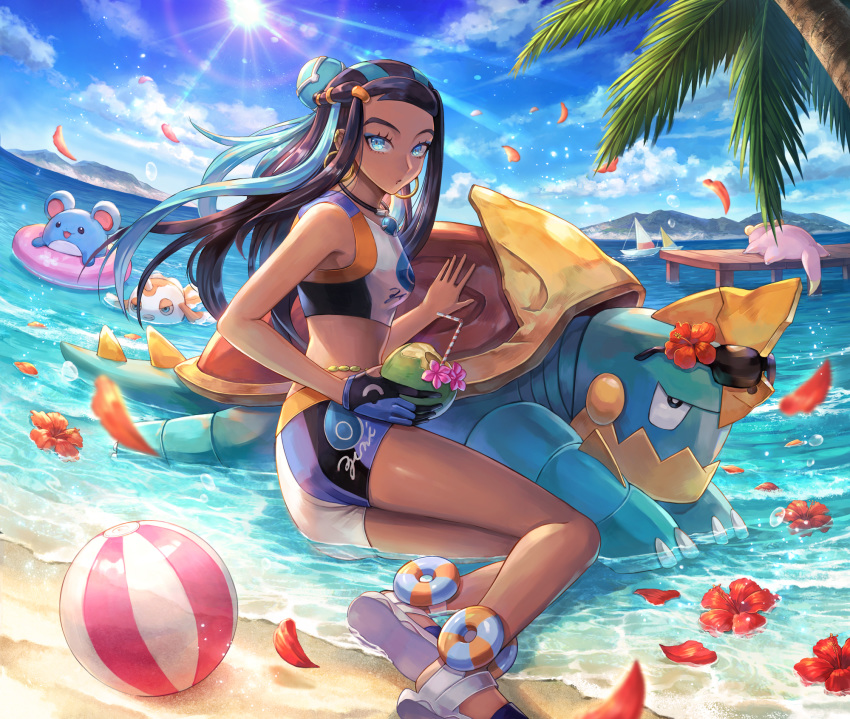 1girl ball beachball belly_chain bike_shorts black_hair blue_eyes blue_eyeshadow blue_hair boat breasts clouds commentary dark_skin day drednaw drinking_straw earrings eyeshadow flower galarian_form galarian_slowpoke gen_1_pokemon gen_2_pokemon gen_8_pokemon gloves goldeen gym_leader hair_bun highres holding hoop_earrings innertube jewelry konomi_(lovecrab) light_beam long_hair looking_at_viewer makeup marill multicolored_hair necklace nessa_(pokemon) outdoors palm_tree petals pink_flower pokemon pokemon_(creature) pokemon_(game) pokemon_swsh red_flower sand sandals shore single_glove sky tree two-tone_hair water watercraft