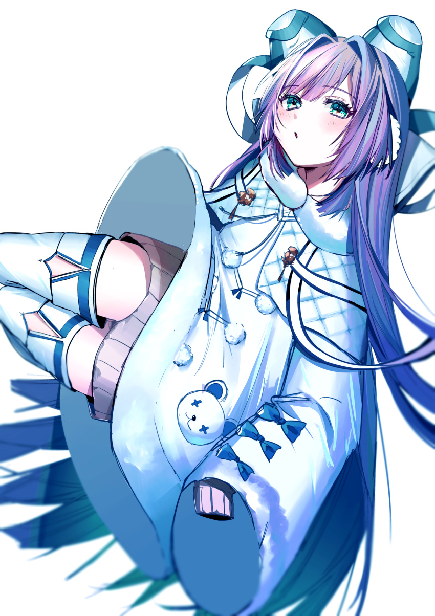 1girl :o absurdres azur_lane babutan bangs blue_eyes blush boots bow coat commentary_request earmuffs fur-trimmed_coat fur-trimmed_sleeves fur_trim hair_bow hair_intakes highres long_hair looking_at_viewer overcoat purple_hair simple_background sleeves_past_fingers sleeves_past_wrists solo tashkent_(azur_lane) thigh-highs thigh_boots very_long_hair very_long_sleeves white_background white_coat white_footwear white_legwear