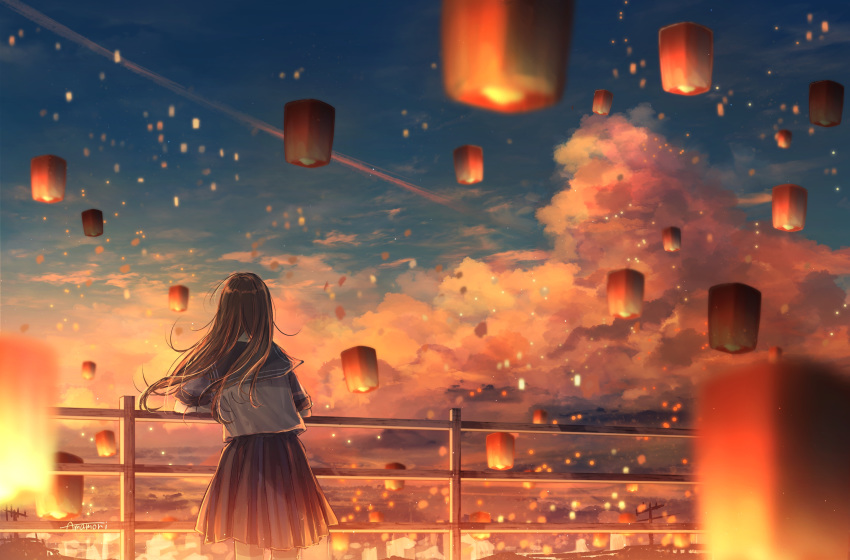 1girl absurdres amenomori_howa antennae blue_skirt brown_hair clouds commentary_request condensation_trail evening from_behind hair_blowing highres lantern leaning_on_rail long_hair original paper_lantern pleated_skirt power_lines railing sailor_collar scenery school_uniform serafuku short_sleeves signature skirt sky solo standing